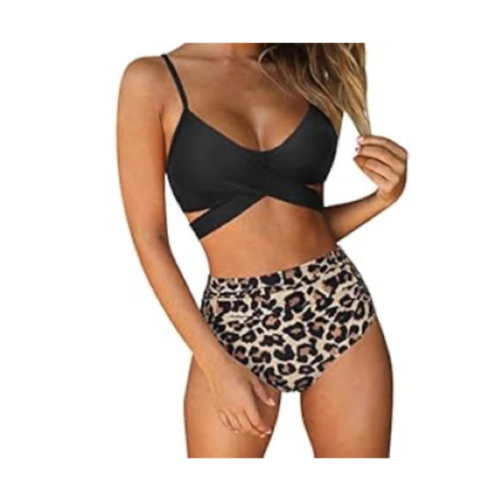 RUUHEE Black & Leopard Mixed Bikini Set – Retro Wrap Top + High Waist Bottom